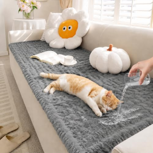 FUNNY FUZZY Waterproof Couch Covers for Dogs Washable, Non Slip Plush Dog Sofa Protectors, Fluffy Pet Couch Covers for 3 Cushion Sofa Pet Friendly (Charcoal Grey, 70×150cm)