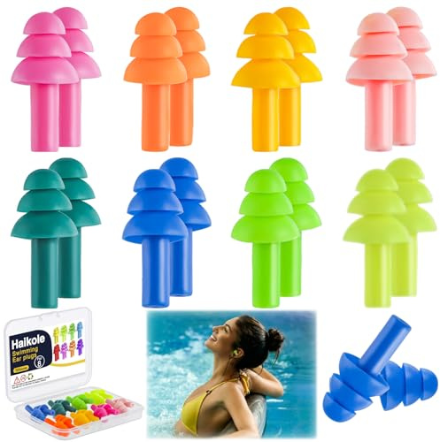 Haikole 8 pares de tapones de silicona para los oídos para nadar, dormir, roncar, trabajar, conciertos, 8 colores, reutilizables, con cancelación de ruido, diseño de sello de 3 capas (8 colores)