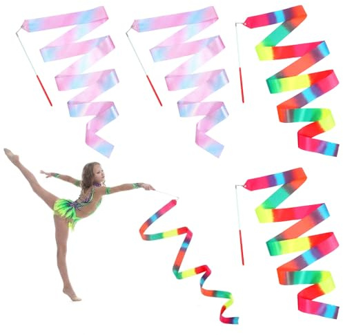 Sorcristy 4er-Pack Regenbogen-Tanzstäbe, Ostergeschenk-Füllung, 198 cm Lange Bänder mit Stab für rhythmische Sportgymnastik, geeignet für Mädchen und Erwachsene zum Drehen und Tanzen