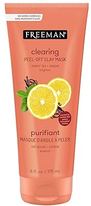 Freeman Clearing Peel-Off Clay Mask, Brightening & Toning Facial Mask, Tea & Lemon Help Even Skin, Antioxidant Rich, Clay Face Mask For Breakouts, Cruelty-Free & Vegan, 6 fl. oz./175 ml Tube, 1 Count