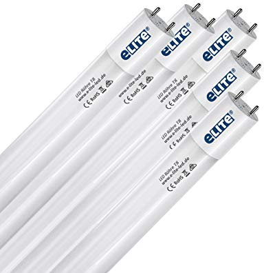 eLITe LED Röhre T8, 150cm, sehr hell, 3250lm, 24W, 865, 6500 Kelvin, Tageslichtweiß, 330 Grad, homogenes Licht, Glas, langlebig 50.000h, 5 Jahre Garantie, 27mm Durchmesser, inkl. Starter, 5 Stück
