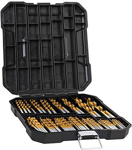Metric 99 Pieces Titanium Twist Drill Bit Set, 135° Tip High Speed Steel, Size from 1.5mm up to 10mm, Ideal Drilling in Wood/Cast Iron/Aluminum Alloy/Plastic/Fiberglass, with Hard Storage