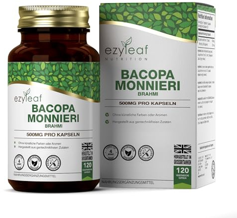EZ Brahmi Bacopa Monnieri, 120 Kapseln, 500mg, 50% Saponins | Bacopa Monnieri Extrakt | Ayurveda Formel | Vegan | Gentechnik-, Gluten- & Allergenfrei | Hergestellt in GB