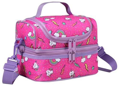 Chase Chic Bolsa Termica Porta Alimentos Infantil, Bolsa Termica Comida para Niñas en Compartimento Doble Escuela con Correa de Hombro Ajustable Desmontable, Picnic Comida para Viaje, Gato Rosa