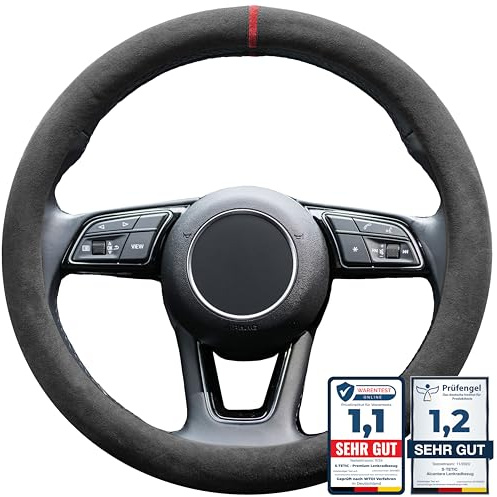 S-TETIC® Premium Lenkradbezug aus Alcantara | Rote 12-Uhr Markierung | Universalgröße 36-38 cm | Lenkradcover | für Sommer und Winter