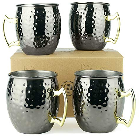 PG Moscow Mule Becher aus Edelstahl, mit Noppen-Finish, Messinggriff, Schwarz, 4 Stück