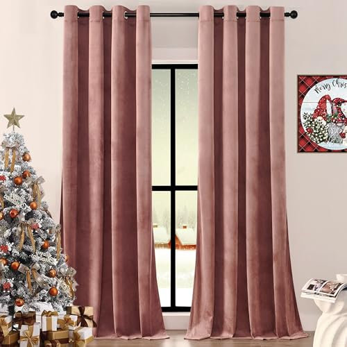 Timeper Pink Velvet Curtains 84 inches - Elegant Decor Mauve Blackout Curtains Wild Rose Curtains Drapes with Grommet top for Living Room/Daughter Bedroom, Wild Rose, W52 x L84, 2 Panels