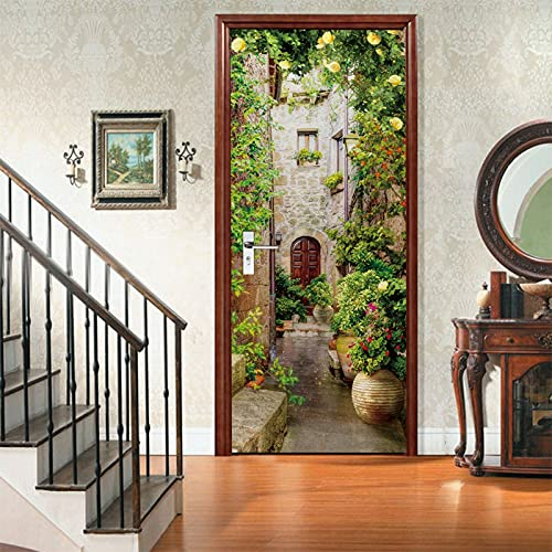 A.Monamour Türtapete Selbstklebend Türfolie Türposter 3D Alter Steinhauseingang des Italienischen Hofs Mit Grünpflanzen Blumen Vinyl Folie Türdeko Tapete Wandbild Türaufkleber Türtattoo 85 x 215 cm
