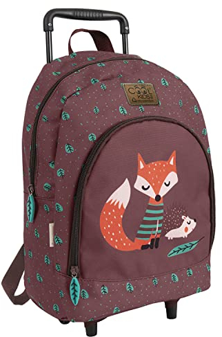 PERLETTI Ökologischer Kinderrucksack mit Rollen und Waldtieren - Kinder Trolley aus Recyceltem Kunststoff mit Rädern - Lässig Kindergarten Schulranzen Trolleytasche - 36x25x15 cm Eco (Fuchs und Igel)