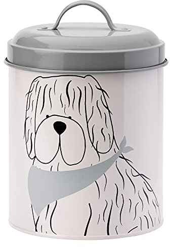 English Tableware Co. Playful Pets Dog Food Canister – Large Painted Steel Storage Tin with Lid, 450ml Kitchen Storage for Tea, Coffee, Sugar & Biscuits, White/Grey