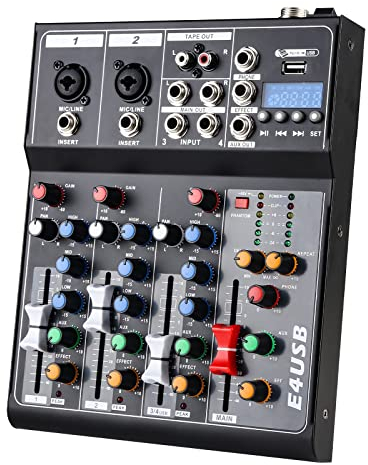 4 Canaux Table de Mixage Audio Console de Mixage Compacte, Console Son Mixeur Audio DJ Avec FX Reverb Retard Effets Et Alimentation Fantôme 48V Partageable Bluetooth ou MP3 avec Interface USB Audio
