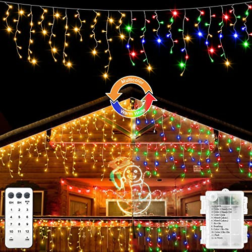 Weihnachts-Eiszapfen-Lichterkette, batteriebetrieben, Farbwechsel, 102 LED-Lichterketten mit Fernbedienung, wasserdicht, für Weihnachten, Hochzeit, Urlaub, Party, Dekoration (Warmweiß & Mehrfarbig)