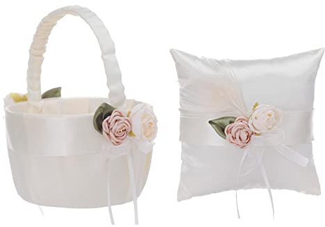 JYCRA Set di cestini per fedi nuziali con cuscino per damigelle, cestino di fiori in raso bianco con rose artificiali e cuscino per anelli per matrimonio