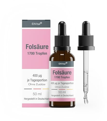 Folsäure Tropfen, 400 µg pro Tagesdosis - 50ml Flasche, SCHWANGERSCHAFT & IMMUNSYSTEM - 100% vegan, ohne Zusätze & laborgeprüft in Deutschland hergestellt