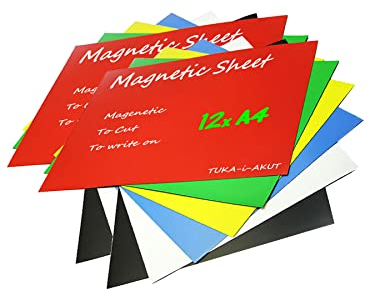 TUKA-i-AKUT 12x A4 Magnetfolie zum Beschriften und Zuschneiden, Flexibel Magnet Tafelfolie Magnetplättchen, Werbelehrmagnet Magnetische Etikett Plakat, 12er Set in 6 Farbe, TKD9040-bunt-A4-12x
