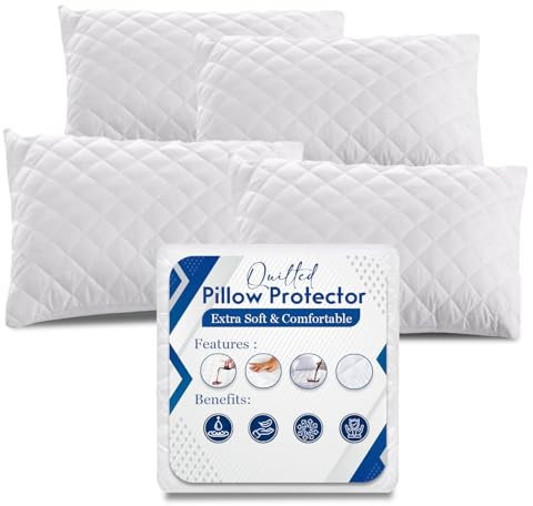 Sunshine Comforts Quilted Waterproof Pillow Protectors 4 Pack | Ultra Luxe Zipped Pillow Covers, Soft, Breathable & Hypoallergenic Pillowcase Protectors, White (50 X 75CM)