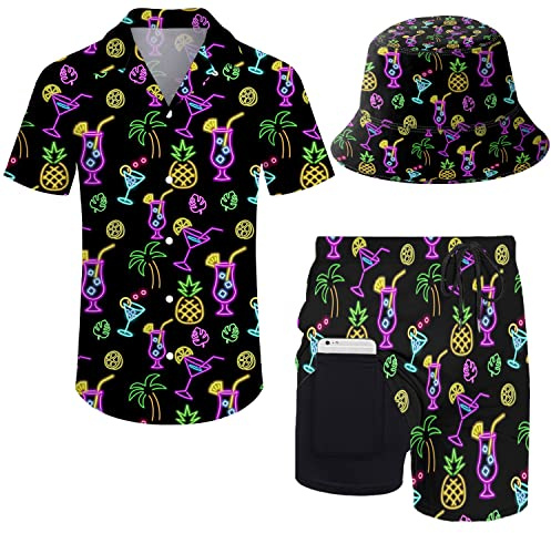 ZePinger Men's 80s and 90s Shirt and Shorts Set with Bell Hat, XL