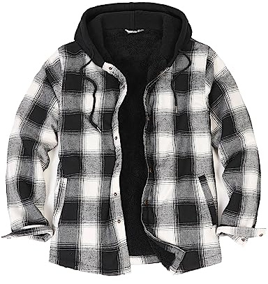 ZENTHACE Veste chemise en flanelle doublée Sherpa pour homme, veste à carreaux boutonnée avec capuche, Noir, S