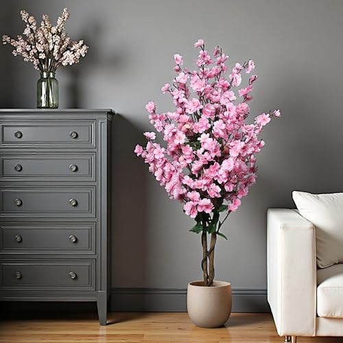 Arnusa - Planta artificial con flores, 120 cm, Wintersweet, árbol artificial con flores en maceta, planta de primavera (Rosa)