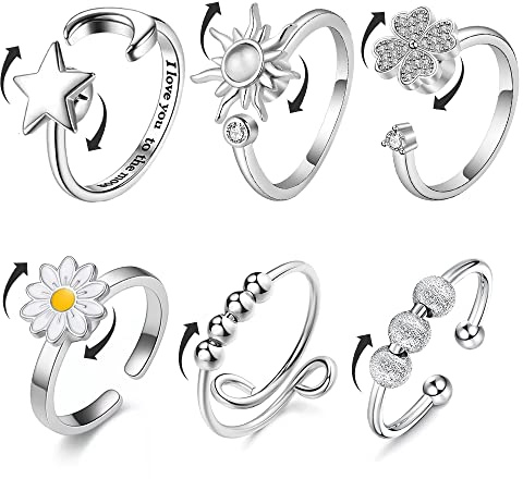 Angst-Fidget-Spinning-Ringe Stimmungsring - 6-teiliger Anti-Stress-Ring Verstellbarer Stimmungsring, Sonne Stern Mond Gänseblümchen Kleeperlen Angstlöseringe, Geschenke für Frauen Männer