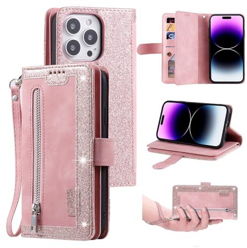 UEEBAI Wallet Case for iPhone 15 Pro Max 6.7 inch, Retro 9 Card Holder Slots Zipper Pocket Handbag Case PU Leather Magnetic Closure Kickstand with Wrist Strap TPU Shockproof Flip Case - Rose Gold