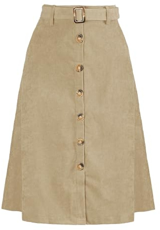 Allegra K Gonna da donna di Natale a vita alta midi A-line con bottoni davanti e cintura in corduroy, cachi, L