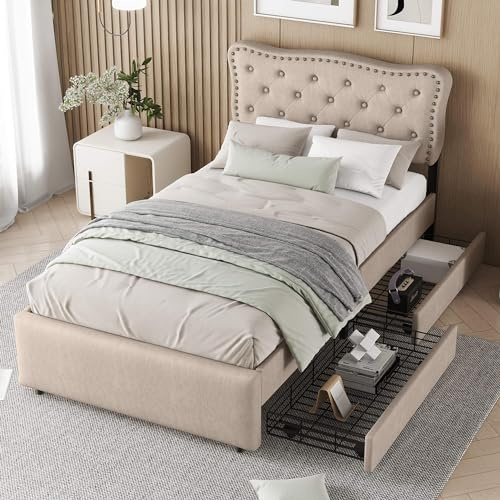 HYUB Polsterbett 90x200cm, Bett mit Bettgestell und Lattenrost, Stauraumbett Einzelbett mit Zwei Schubladen und Höhenverstellbares Kopfteil, für Erwachsene und Jugendliche, Ohne Matratze, Dunkelbeige