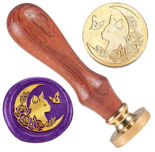 DELORIGIN Wachsstempel Mit Moon-Form, Katze Wachs Siegelstempel Messingkopf Stempel Mit Holzgriff Retro Wachs Siegelstempel Butterfly Wax Stamp Für Umschläge Karten Briefe Dekoration 25mm