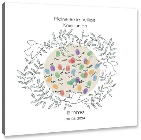 galleryy.net Personalisierte Fingerabdruck-Leinwand Kommunion - 3 Tauben Kranz - Leinwand 40x40 cm - Individuell mit Namen & Datum - INKL. Zubehör-Set mit Stempelkissen und Stift