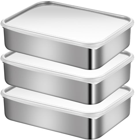 Edelstahl WIYETY Frischhaltedose mit Deckel: 3 Stücke Brotdose mit Deckel 1.2L, Gefrierbehälter, Lebensmittel Aufbewahrungsbox, Stapelbare Edelstahl-Box für Fleisch Käse, Spülmaschinenfest