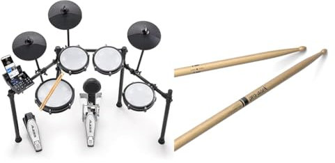 Alesis Nitro Max Batteria Elettronica con Pelli Mesh Silenziose, Rullante a Doppia Zona da 10” & Pro Mark Tx5Aw Bacchette in Hickory Promark 5A con Punta in Legno