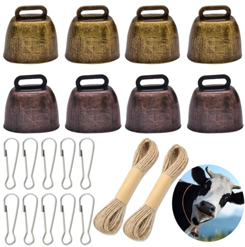 8 Pièce Clochette de Vache， Pâturage Cuivre Cloches，Bétail Bronze Cloche，Cloche de Vache en Acier avec 10 Boucles Métalliques et 20 M de Ficelle de Chanvre pour Bovins, Moutons, Chevaux