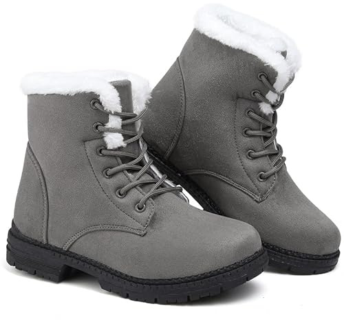 Snow Boots Womens Winter Walking Cotton Warm Fur Lined Snow Shoes Ankle Mid Calf Lace Up Suede Casual Non-Slip Lightweight Outdoor Ladies Booties