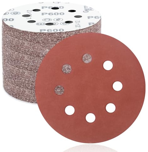 FEIHU 50 Pezzi Dischi Abrasivi 125mm, Carta Vetrata Abrasiva 8 Fori per Levigatrice Orbitale: Grana 600