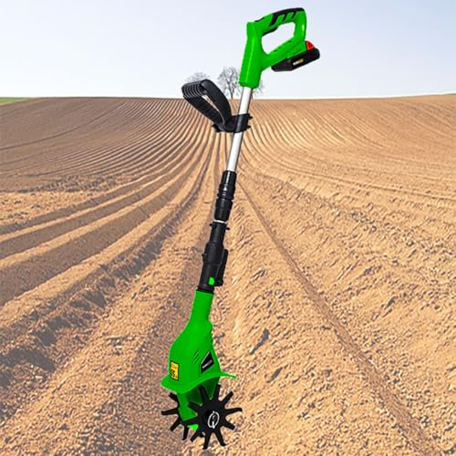 Coltivatore Giardino con Motozappa Senza Fili,Motozappa Portatile da 250 Giri/min,Motozappa Elettrica Portatile con 2 Batterie,Larghezza di Lavoro 10 cm,Profondità di Lavorazione 10 cm,Green