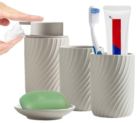 XUDREZ Keramik Badezimmer Zubehör Set, 4 teiliges Seifenspender Badezimmer Set inklusive Seifenspender und Seifenschale, Zahnputzbecher für Zuhause und Bad (Haferfarbe, 4-teiliges Set)
