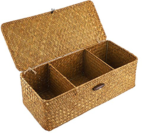 SUMNACON Seegras Aufbewahrungsbox mit Deckel Natürliches Seegrakorb 3 Fächern Gewebter Rattanbox Multifunktional Regalkorb Rechteckig Geflochtener korb im Wohn Teetisch Schlaf Bade Café Hotel Karamell