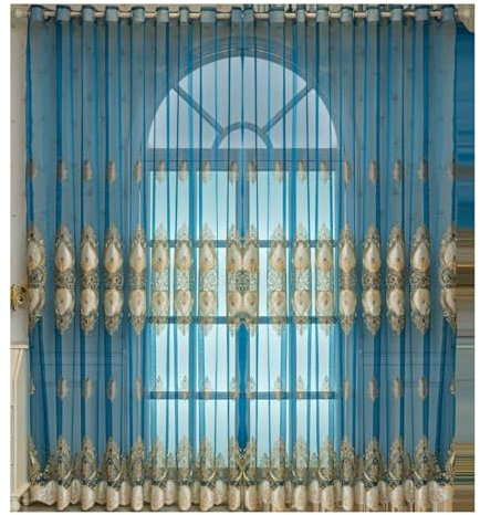 Wycian Fensterdekoration Gardinen Blau Voile 2er Pack mit Goldenem Blumenmuster H244 x B107 cm (2er Pack) Polyester