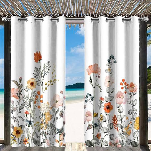 Wasserdichte Outdoor-Vorhänge für Terrasse, 2 Paneele, Blumendruck, Verdunkelung, wärmeisolierte Ösen, Privatsphäre, Pavillon-Vorhänge für Veranda, Garten, Weiß, 140 x 183 cm