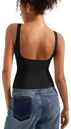 SUUKSESS Women Built in Bra Open Back Boat Neck Tank Tops Double Lined Backless Y2K Going Out Top Basic Shirt (Black,M)