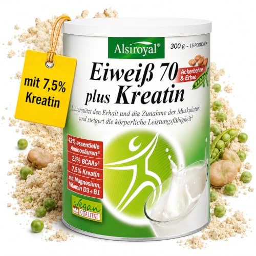 Alsiroyal Eiweiß 70 plus Kreatin vegan · 43% EAAs, 23% BCAAs, 7,5% Kreatin | veganes Eiweißpulver · 28g Protein/Tag · Magnesium, Vit D3 & B1 – ohne Konservierungsstoffen, Lactose, Soja, Fruktose