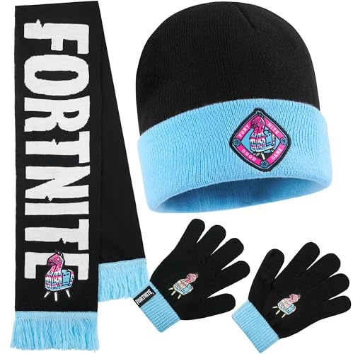 Fortnite Mütze Kinder Handschuhe Schal Set, 3-in-1 Beanie Jungen, Weich & Warm, Lizenziert, Gamer Geschenke für Jungs