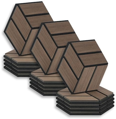 Homestyle4u Lot de 15 panneaux acoustiques hexagonaux - 30 x 26 x 2 cm - Marron - Isolation acoustique - Panneaux muraux - Traitement acoustique - Décoration murale