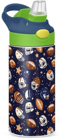 ALAZA American Football Helmet Star Ball Kids Water Bottles Insulated Stainless Steel Tumbler Travel Cup Lids Straw Double Walled Leakproof 12 OZ for Boys Girls
