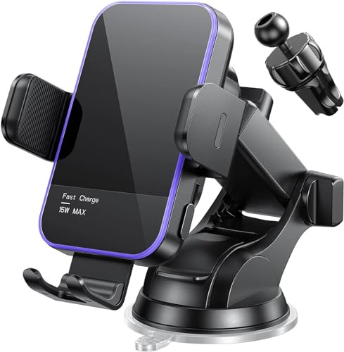 Car Phone Holder Wireless Charger,【7 Colored RGB Backlit】MOSURR 15W Auto Clamping Wireless Car Charger Mount for iPhone 16 15 14 Mini Pro Max, Samsung Galaxy S26 Ultra S25 S24+, etc