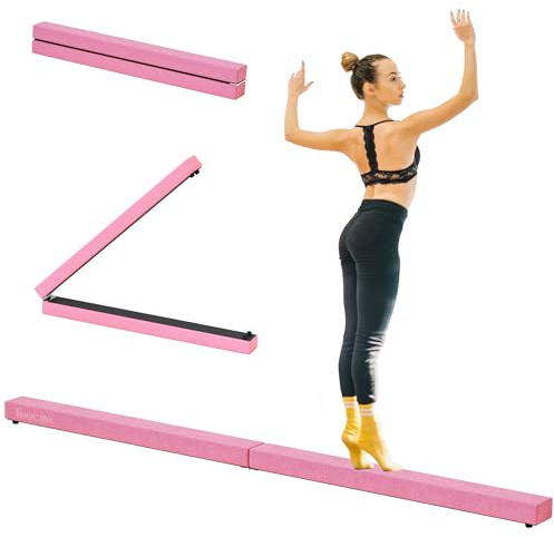 HOMCOM Barra de Equilibrio Gimnasia Plegable 210 cm Barra de Gimnasia Artística Viga de Equilibrio para Niños Principiantes y Gimnastas Profesionales para Entrenamiento en Casa Rosa