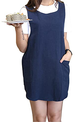 MeYuxg Kort design förkläde, japansk stil bomullslinne med två sidofickor och utbytbara väskor, X korsbälte, hemmaförkläde lämplig för kvinnor, hantverk, matlagning, bakning, kaffe, blå, Stil-2