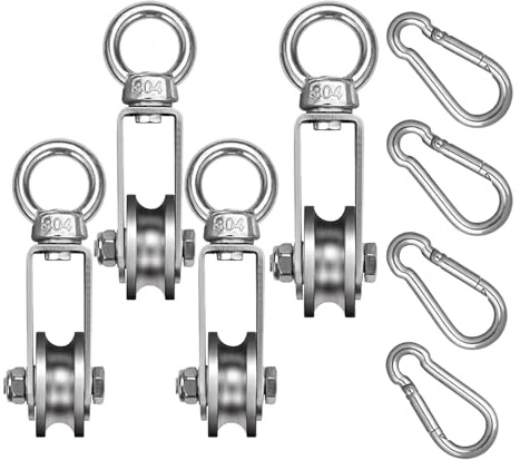 34mm Edelstahl-Umlenkrolle mit M6 Federkarabiner 250kg belastbar für Seile & Stahlseil Professionelle Snatch Block mit Doppelkugellager für Bauwesen Industrie Fitness Outdoor (4er Pack)