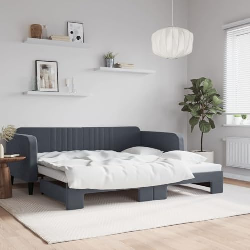 Qnhdfrt Ausziehbares Tagesbett 2 in 1 Sofa Bett Samt Dunkelgrau Modernes Design 223 x 110 x 75 cm Robustes Holz Metall Gestell für Wohnzimmer Schlafzimmer