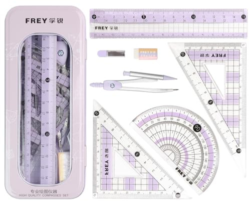 8 Pcs Maths Set, Maths Sets for Secondary School, Protractor and Compass Set Purple, Compass Maths Ruler Set with Metal Box, Geometry Sets for Students' Mathematics Teaching, Kids Stationery Gifts